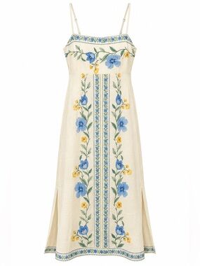 NWOT Lalavon Cream Floral Linen Blend Midi Dress Size Large
